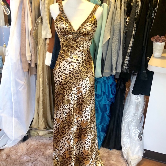 Rhinestone Runway Dresses & Skirts - Long Sequined Cheetah Print Gown, Size 2